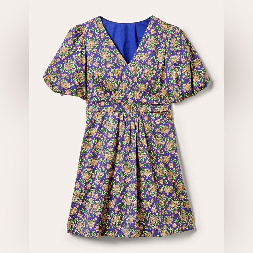 Boden Ella Puff Sleeve Purple Floral V-Neck Dress Sz 8